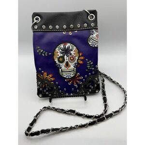 Purple Sugar Skull Floral Crossbody Bag Studded Chain Strap Day‎ of the Dead NEW
